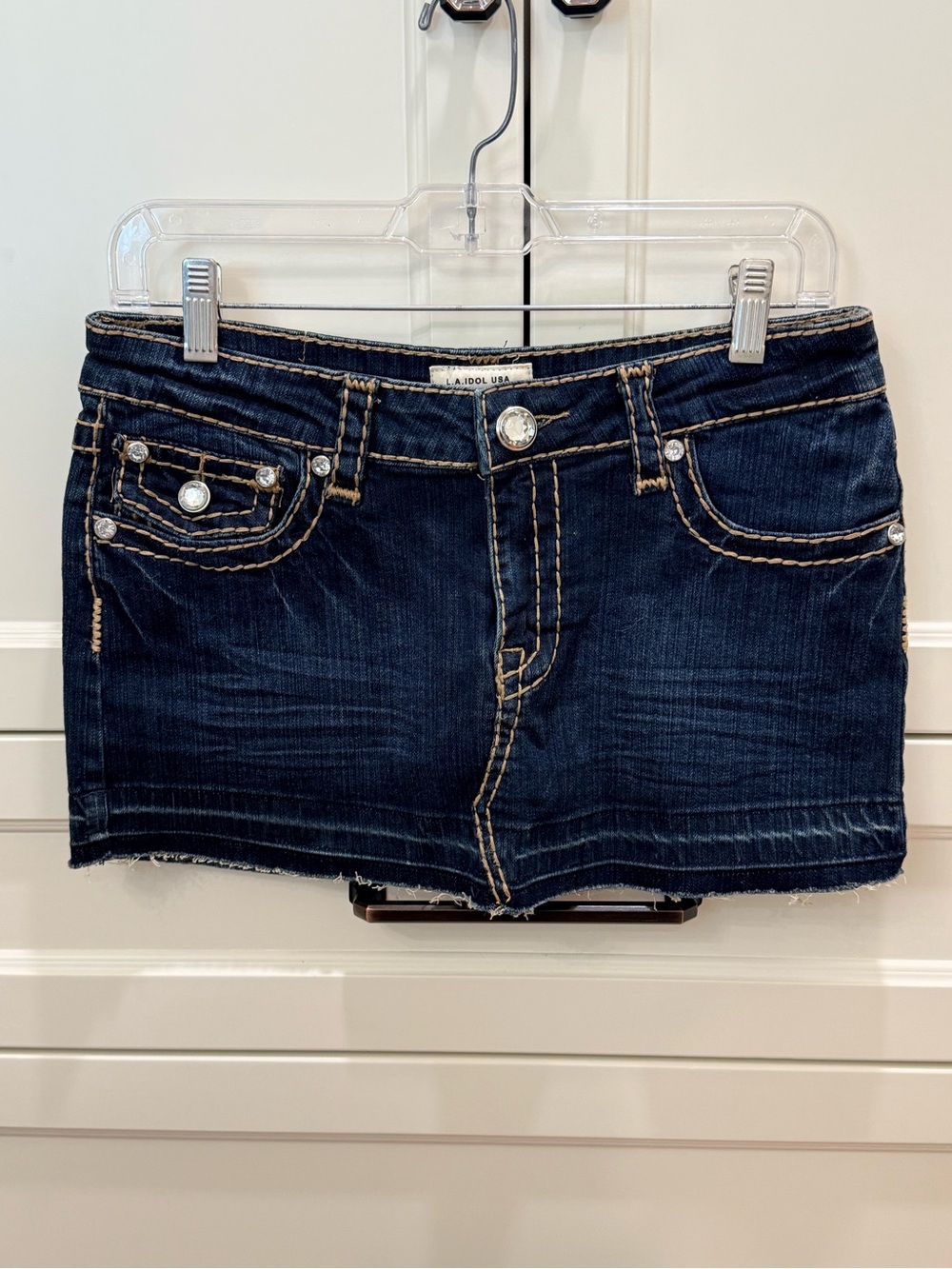 L.A. idol Dark Indigo Denim Mini Skirt with Rhinestone Pockets